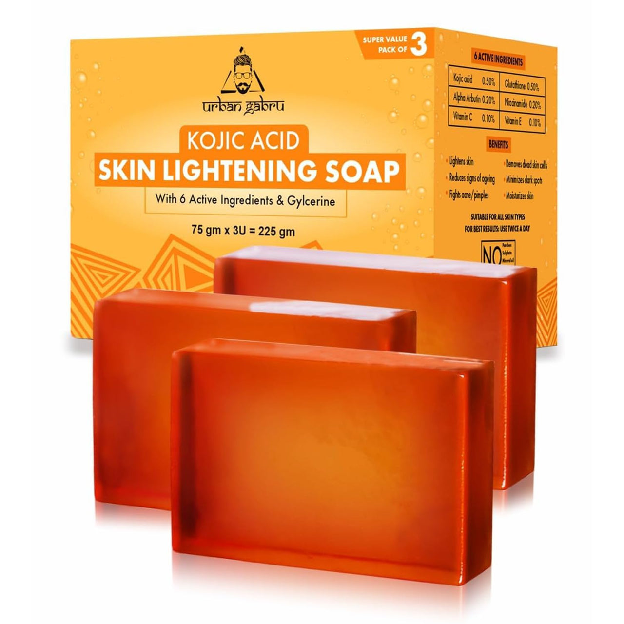 UrbanGabru Kozic Acid Dark Spot Remover Soap Bars with Vitamin C, Glycerine, Glutathione, Alpha Arbutin, Niacinamide | helps in skin lighten (Pack of 3) (75 g X 3)