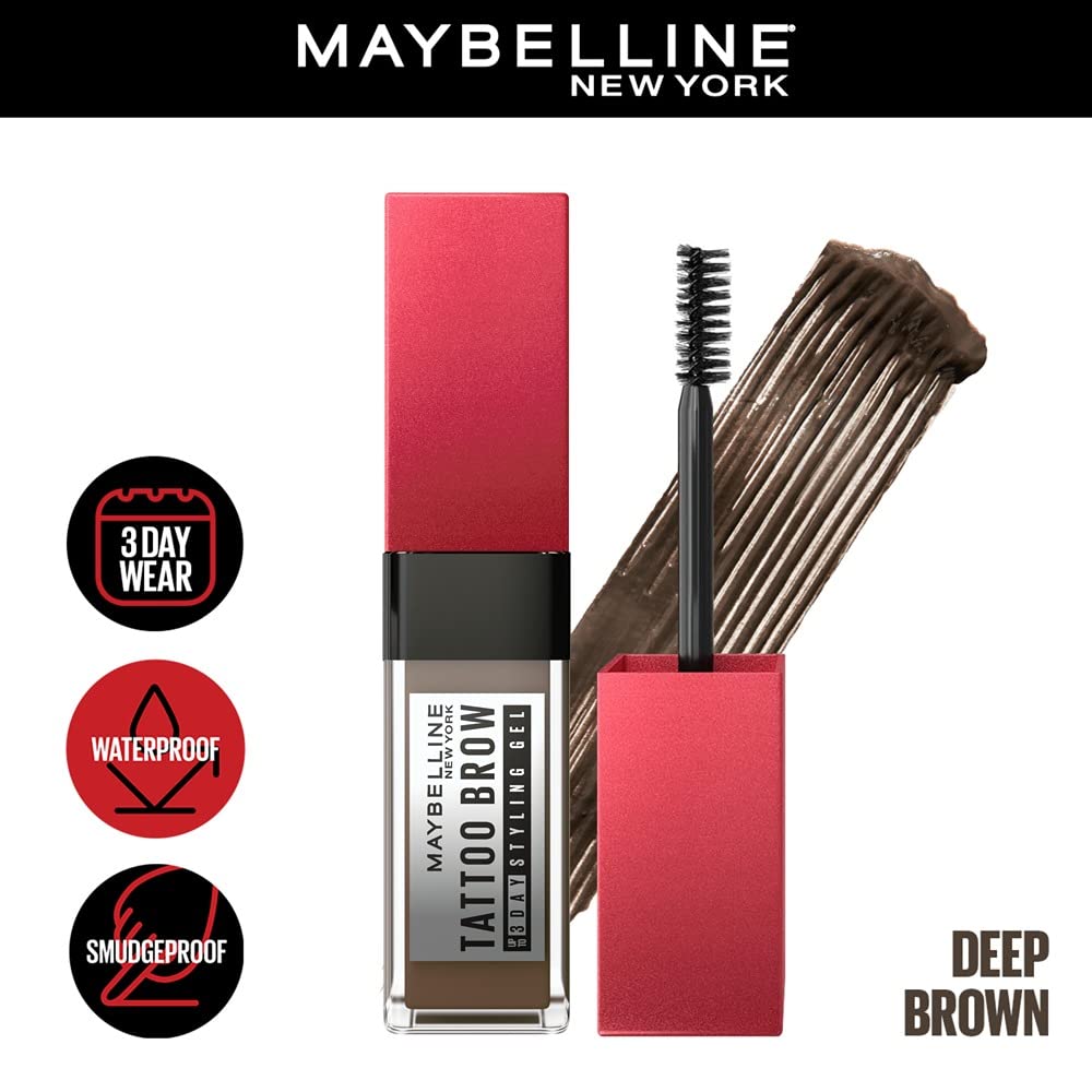 Maybelline New York Tattoo Brow 3 Day Styling Brow Gel - Deep Brown, Semi-permanent Tinted Eyebrow Gel, Water, smudge & Transfer-proof. Tattoo Brow 3 Day Styling Brow Gel Last Up To 3 Days | 6ml