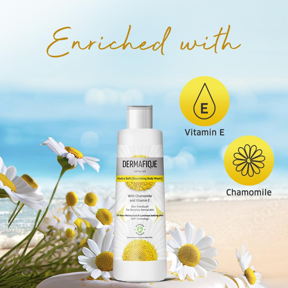 Dermafique Hydra Soft Nourishing Body Wash – 250ml, Showergel for Women & Men, No Parabens/SLS/SLES, With Vitamin E & Chamomile, Suitable for Sensitive - Normal Skin | Dermatologist Tested