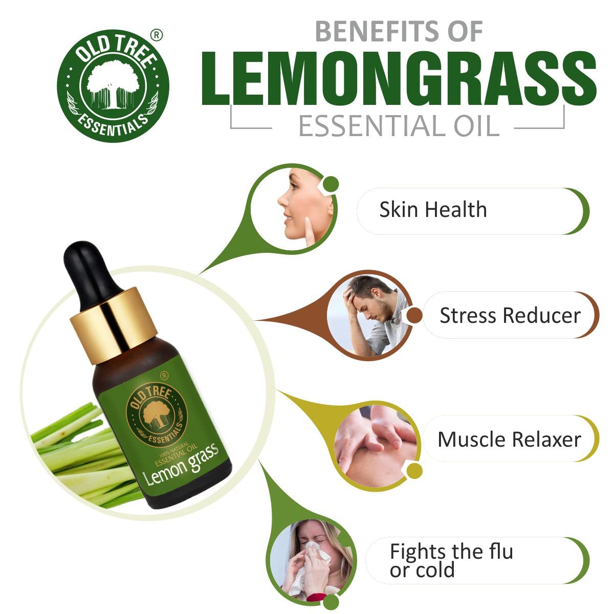 Old Tree Lemongrass Essential Oil (15ml) - for Skin, Hair Care, Insect Repellant, Home Fragrance and Aromatherapy - Pure and Natural Undiluted Oil with Glass Dropper