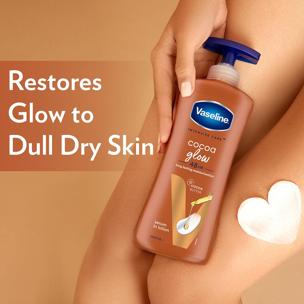Vaseline Intensive Care, Cocoa Glow Serum-in-Lotion, 600ml, with 100% Pure Cocoa & Shea Butter, 48Hr Long-Lasting Moisturization, Body Lotion for Dry, Rough Skin
