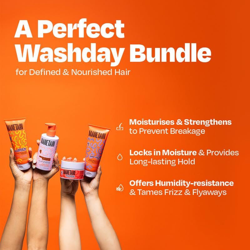 MANETAIN Washday Hold Bundle Full Size - Complete Curly Hair Care Set | Moisturizing Shampoo 237ml | Multipurpose Conditioner 200gm | Leave-In Conditioner 200ml and Hard Hold Gel 200ml