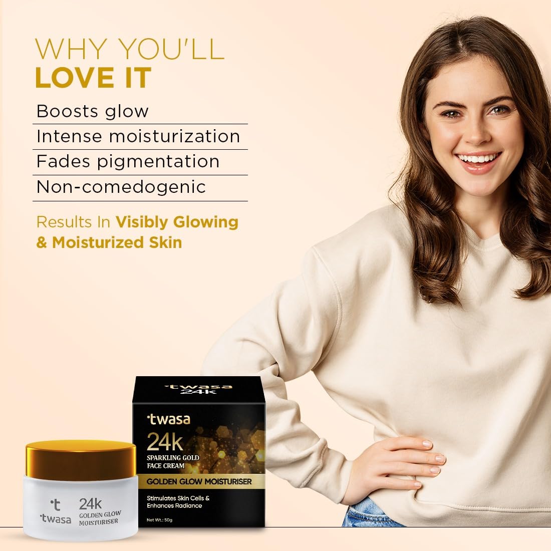 Twasa 24k Gold Pure Moisturizer For Oily & Dry Skin with Real Gold Flakes and Shimmer | Oil Free Glow Moisturizer For Face | Fast Absorbing Face Cream For Men & Women | Paraben Free | 50gm