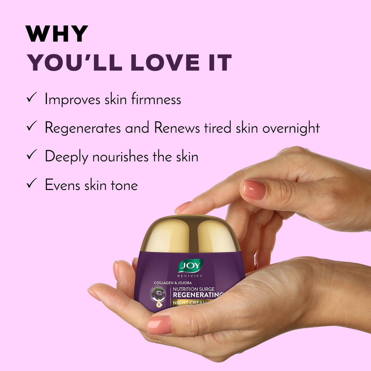 Joy Night Cream with Collagen, Jojoba, Shea Butter & Gotu Kola For Overnight Skin Repair | Ultra Light & Non Greasy Face Cream for Renewing Tired Skin & Prevent Premature Ageing 50ml