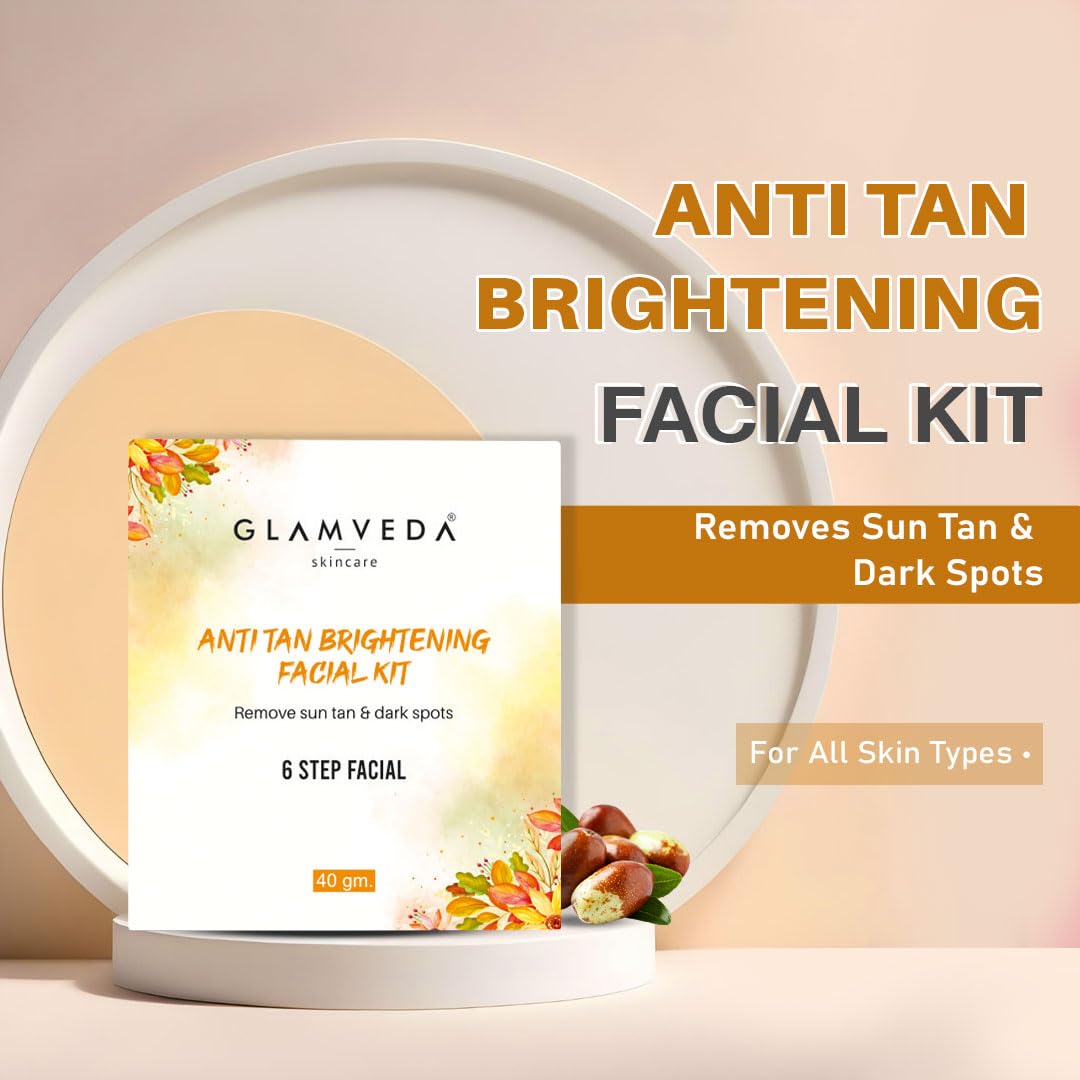 Glamveda Anti Tan Brightening Facial Kit | 6 Steps Facial | Removes Sun Tan & Dark Spots | Detans Skin For Instant Glow | For All Skin Types | 40gm