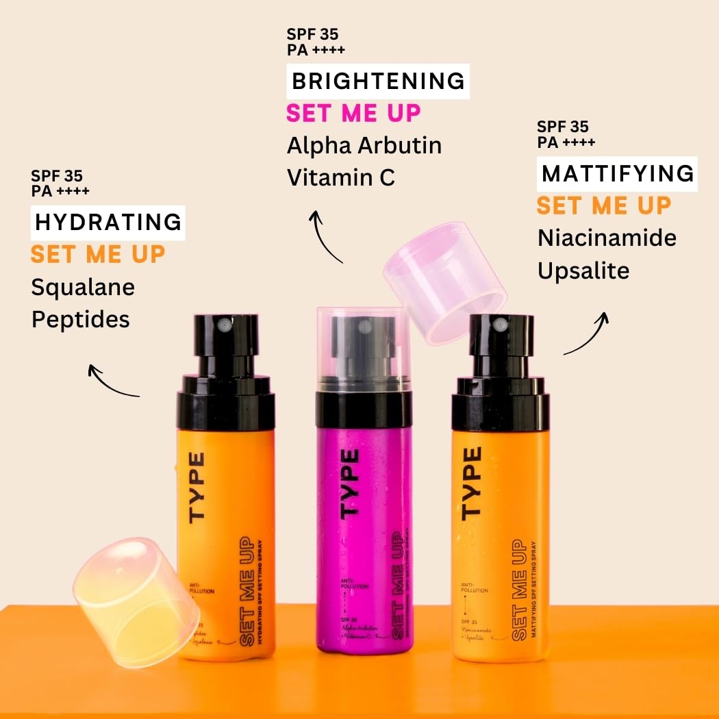 TYPE BEAUTY INC. Brightening Setting Spray with SPF 35 PA++++ | 12Hr Long-Lasting & Hydrating | Natural Finish for Dark Spots & Dull Skin | Brightening & Lightweight | Makeup Fixer | 60ML