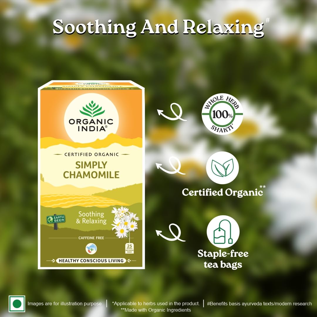 A TATA Product - Organic India Simply Chamomile Infusion, 25 Tea Bags, Certified Organic, Soothing & Relaxing, Caffeine-Free, Whole Herb Blend