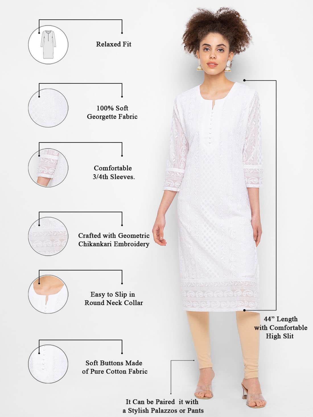 ZOLA Exclusive Georgette Round Neck with Full Sleeves and Calf Length Luckhnowi Chikan Kari Kurta with Button Placket on Yolk Ethnic Wear Straight Kurta for Women Pack of 1