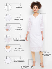 ZOLA Exclusive Georgette Round Neck with Full Sleeves and Calf Length Luckhnowi Chikan Kari Kurta with Button Placket on Yolk Ethnic Wear Straight Kurta for Women Pack of 1