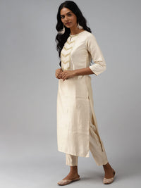 INDO ERA Women's  Cream Solid Viscose Straight Kurta Trouser With Dupatta Set