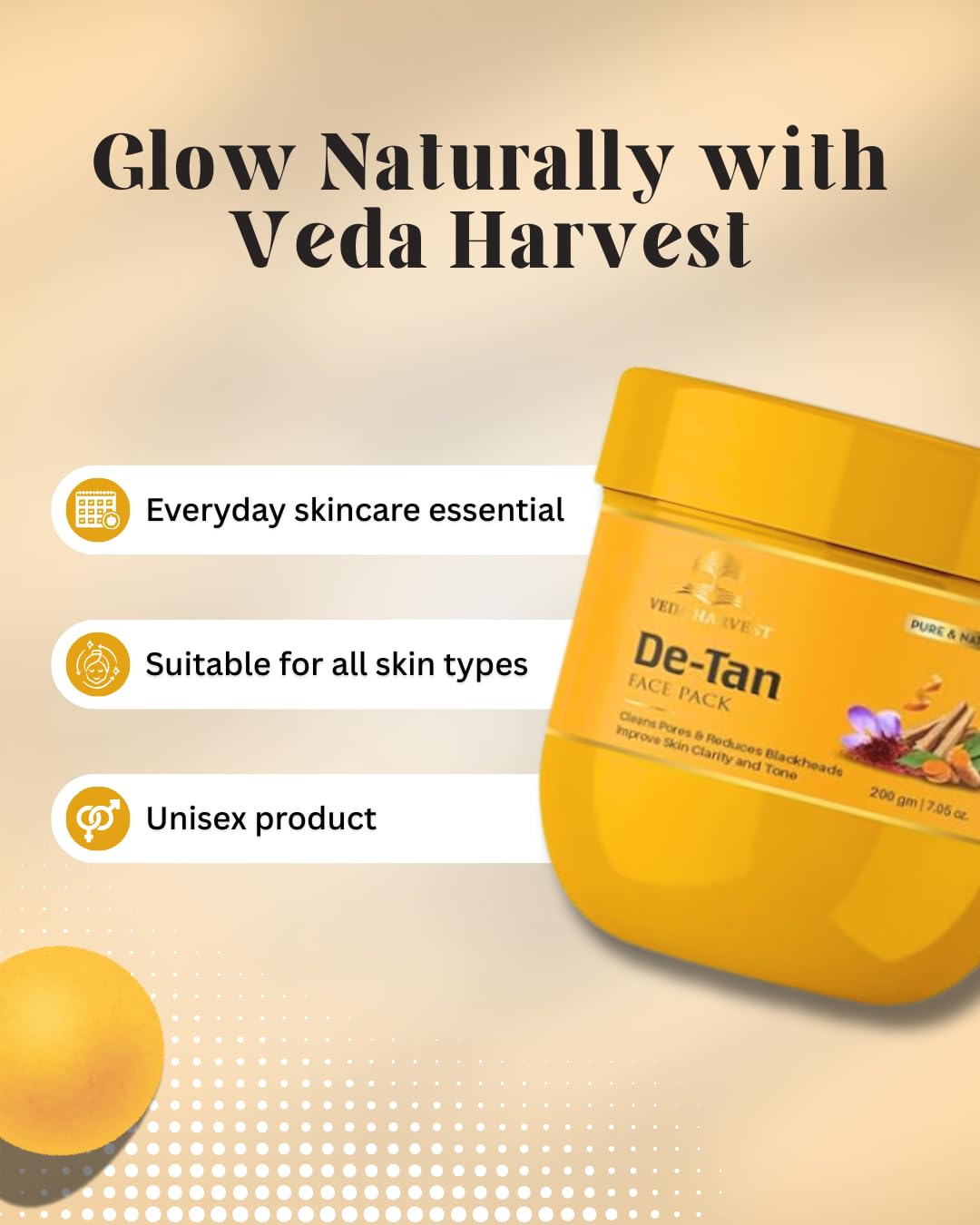 Veda Harvest De-Tan Face Mask | Face pack for glowing skin | Open pores | Dark Spots | Blackheads | Instant Brightening | 200gm