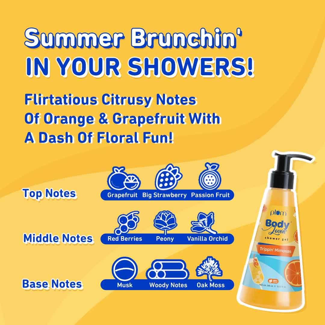 Plum BodyLovin' Trippin' Mimosas Shower Gel | SLS-Free Body Wash For Women | Long Lasting Fresh Citrusy Fragrance | Aloe-Infused Nourishing Body Cleanser For Soft & Smooth Skin (240 ml) (Pack of 2)