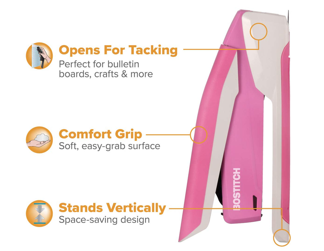 Bostitch Office InPower Spring-Powered Desktop Stapler, 20 Sheet Capacity, One Finger Stapling, Includes 210 Staples, Jam Free, Opens for Tacking, Breast Cancer Awareness Pink