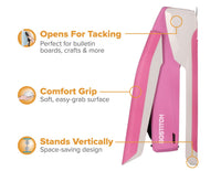 Bostitch Office InPower Spring-Powered Desktop Stapler, 20 Sheet Capacity, One Finger Stapling, Includes 210 Staples, Jam Free, Opens for Tacking, Breast Cancer Awareness Pink