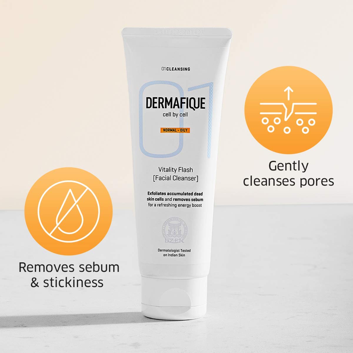 Dermafique Vitality Flash Facial Cleanser – 100ml, Orange Zest Extract Removes Sebum (Oil), Face Wash with Micro Pearls Exfoliator | Soap, Paraben & Alcohol Free | Dermatologist Tested