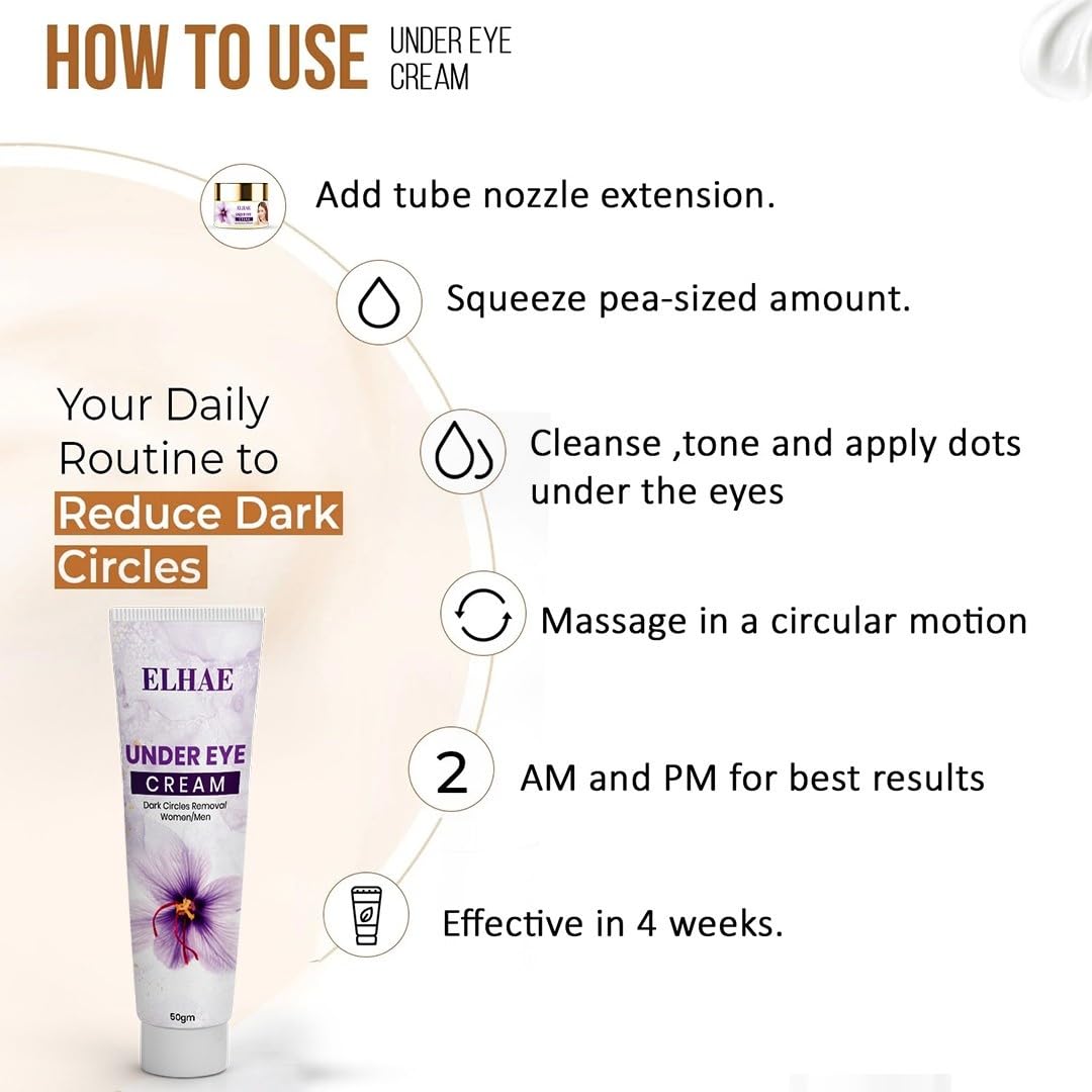 ELAHE Under Eye Cream for Dark Circles - Gel-Based, Organic & Natural with Saffron, Almond, Turmeric, Aloe - Anti-Puffiness, Wrinkle Care & Brightening for Women & Men - 50g