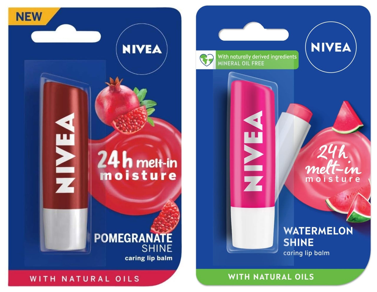 NIVEA Lip Balm, Pomegranate Shine, 4.8g and NIVEA Lip Balm, Fruity Watermelon Shine, 4.8g