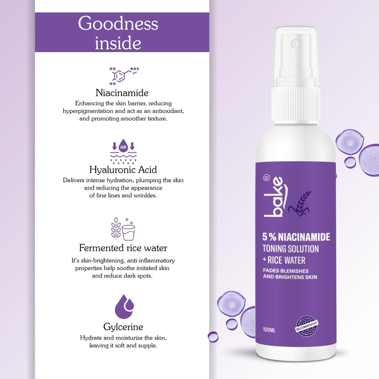 BAKE 5% Niacinamide & Rice Water Toner | Fermented Rice Water Extract | For Dry & Acne Prone Skin | Alcohol Free Toner with Hyaluronic Acid | Smoothens Uneven Skin | Fades Acne Marks | 100ml