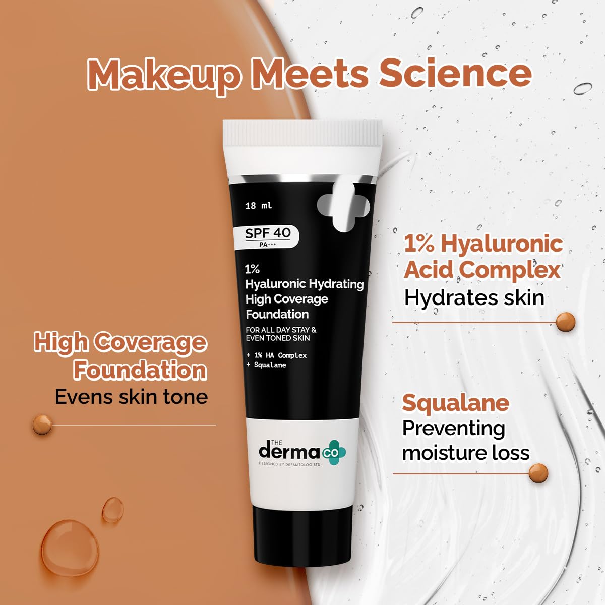 The Derma Co . 1% Hyaluronic Hydrating High Coverage Luminous Liquid Foundation With Spf 40 Pa+++ For 12 Hour Long Stay & 12 Hour Oil Control | For All Skin Types & Even Skin - 18Ml 1 Count(06 Beige)