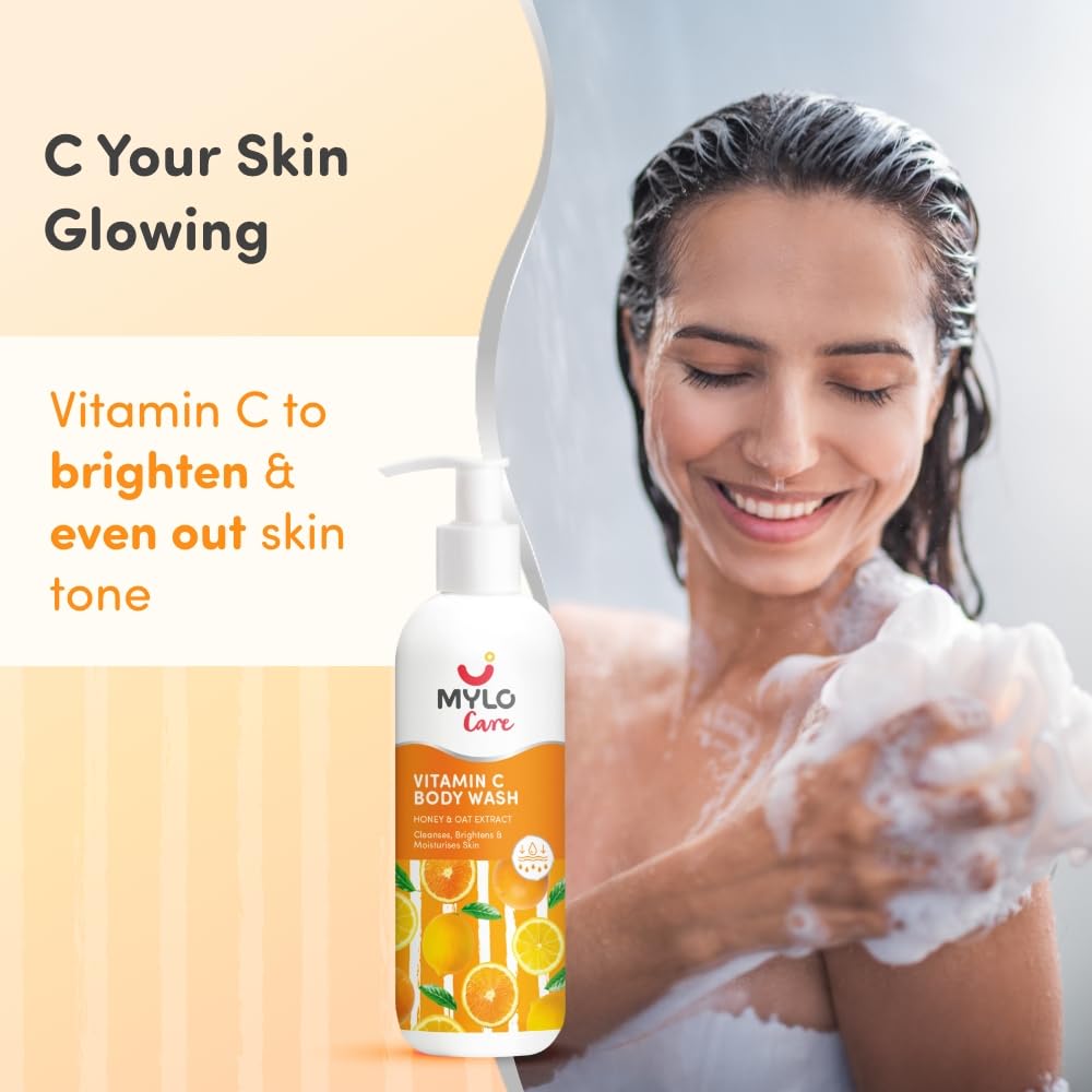 Mylo Vitamin C Body Wash with Honey, Oat Extract & Vitamin E for Refreshing & Glowing, Brightens Skin, Repairs from Sun Damage, 24 Hours Hydration 275 ml