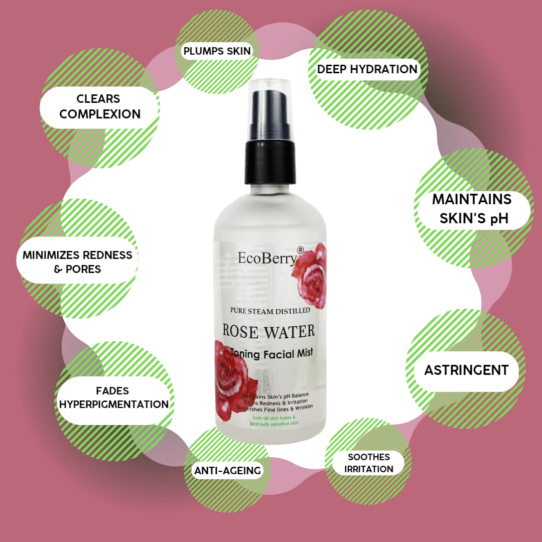 EcoBerry Pure Steam Distilled Rose Water Toning Facial Mist For Calming & Soothing Skin, Hydration, Light Moisturizer, Anti-Aging, Suits All Skin Types 100% Preservative Free & Natural, Vegan
