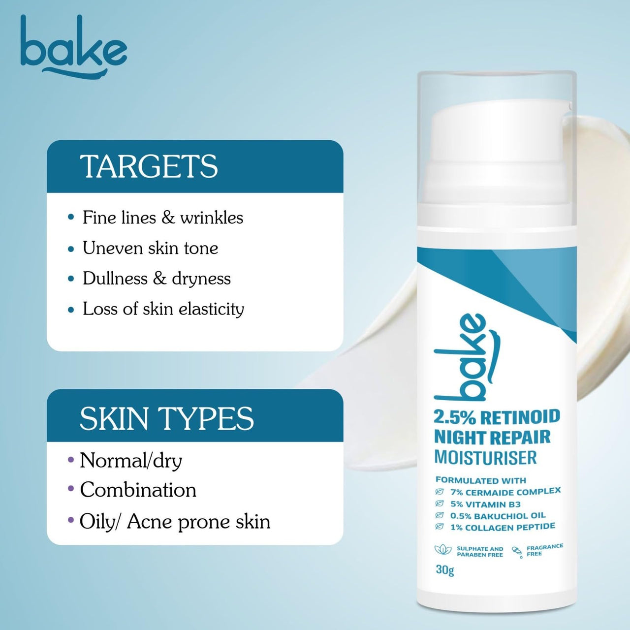 BAKE Retinol Night Cream with 2.5% Retinoid & Bakuchiol Oil for Anti Ageing, Fine Lines & Wrinkles | Retinol Night Repair Moisturizer | Lightweight, Non Sticky & Fragrance Free | All Skin Types | 30g