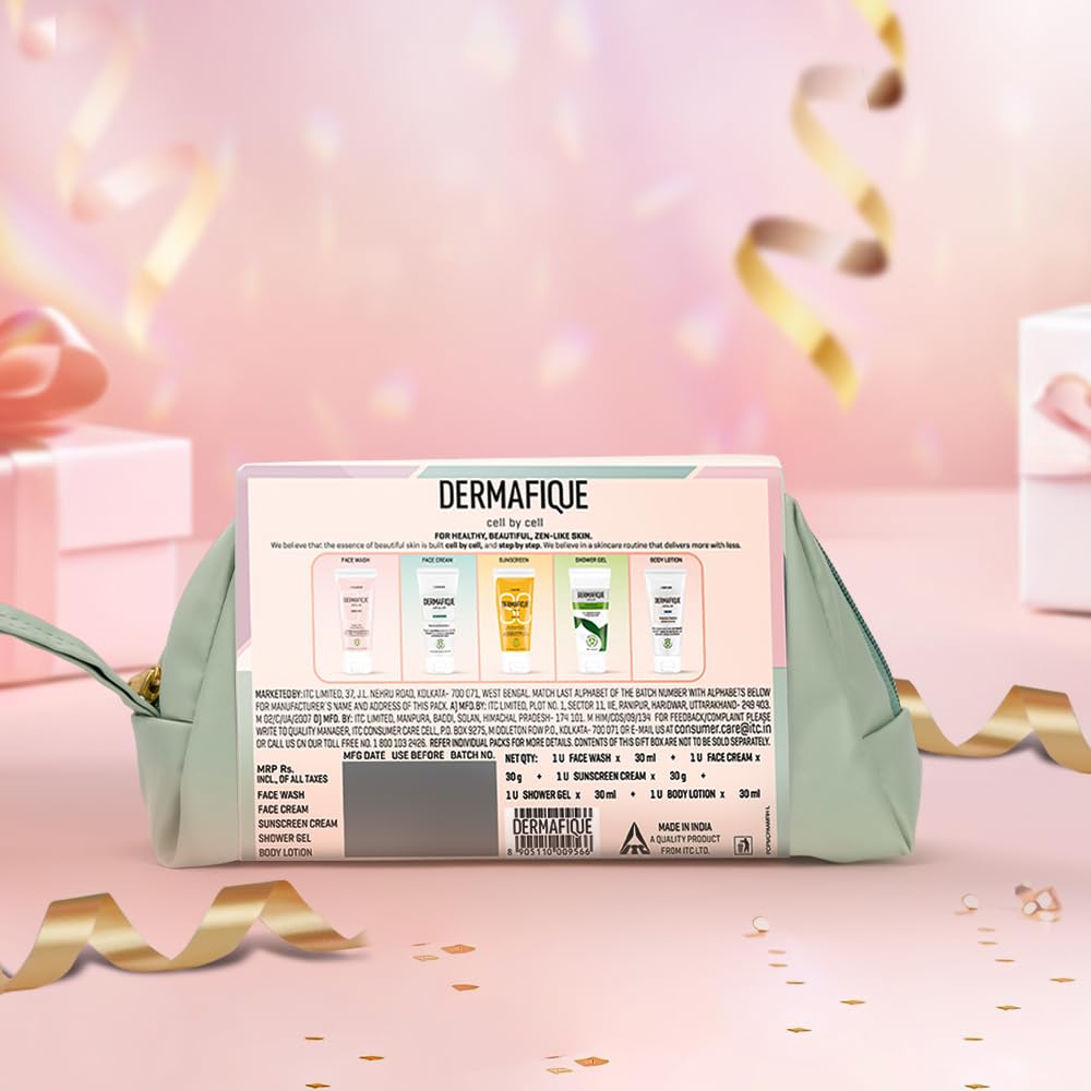Dermafique Gift Travel Essentials-A Smart Skincare Routine Gift Set of 5, Face Wash, Face Cream, Sunscreen, Body Wash, Body Lotion For Women & Men, Dermatologist Tested, Best Birthday Gift Item by ITC
