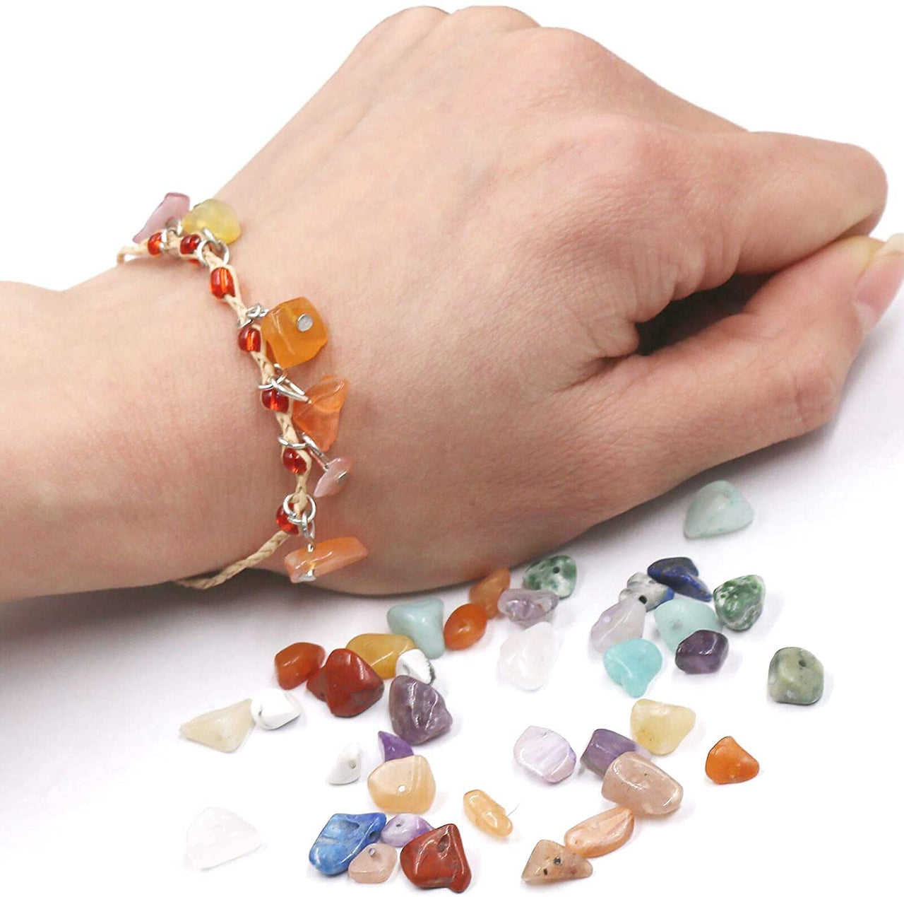 GangGangHao 1500+ Pcs Natural Chip Stone Beads About 500g Irregular Gemstones Healing Crystal Loose Rocks Bead Hole Drilled DIY for Bracelet Jewelry Making Crafting (5-8mm, 24 Color Mix)