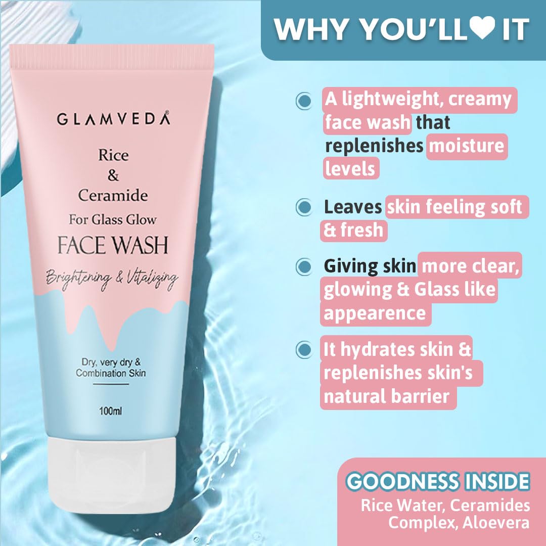 Glamveda Rice & Ceramide 4 Step Daily Skincare Routine Gift Box | Face wash, Serum, Under-eye cream, Moisturizer | For Clear, Glass Korean Skin, Bright & Hydrated Skin