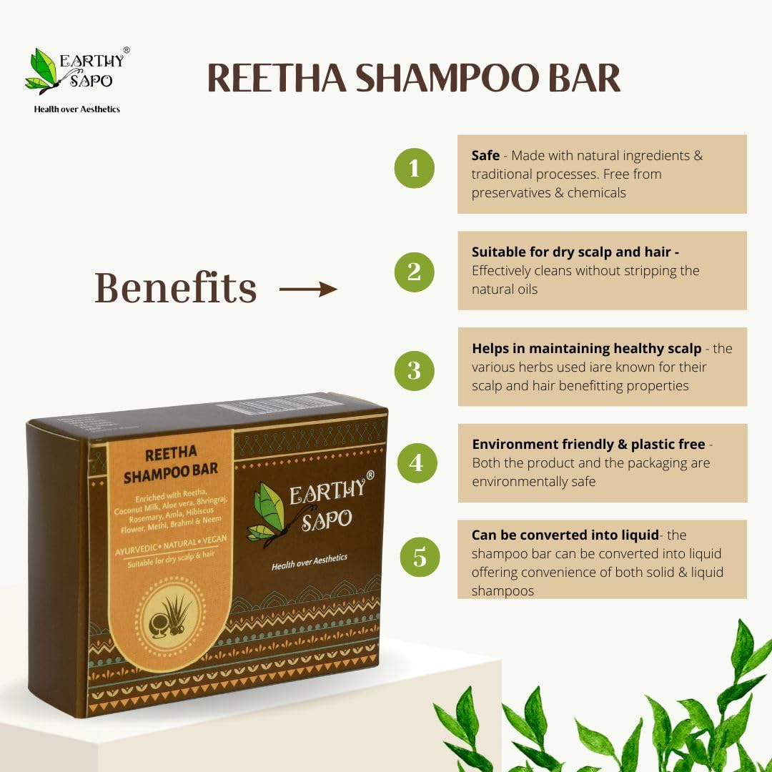 Earthy Sapo Reetha Shampoo Bar for Dry Hair (100g, Pack of 1) | Handmade Ayurvedic Hair Care | Vegan, Chemical-Free, Eco-Friendly | Reetha & Coconut Milk for Nourished Hair