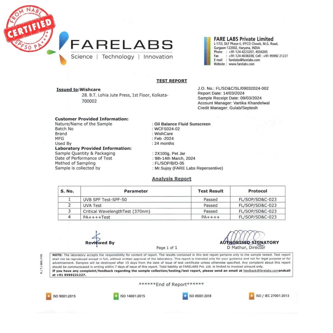 WishCare 5% Niacinamide Oil Balance Fluid Sunscreen SPF 50 PA++++ with 8 Hrs+ SPF Protection- Lightweight Matte Sunscreen SPF 50 for Oily Skin & No White Cast 50g
