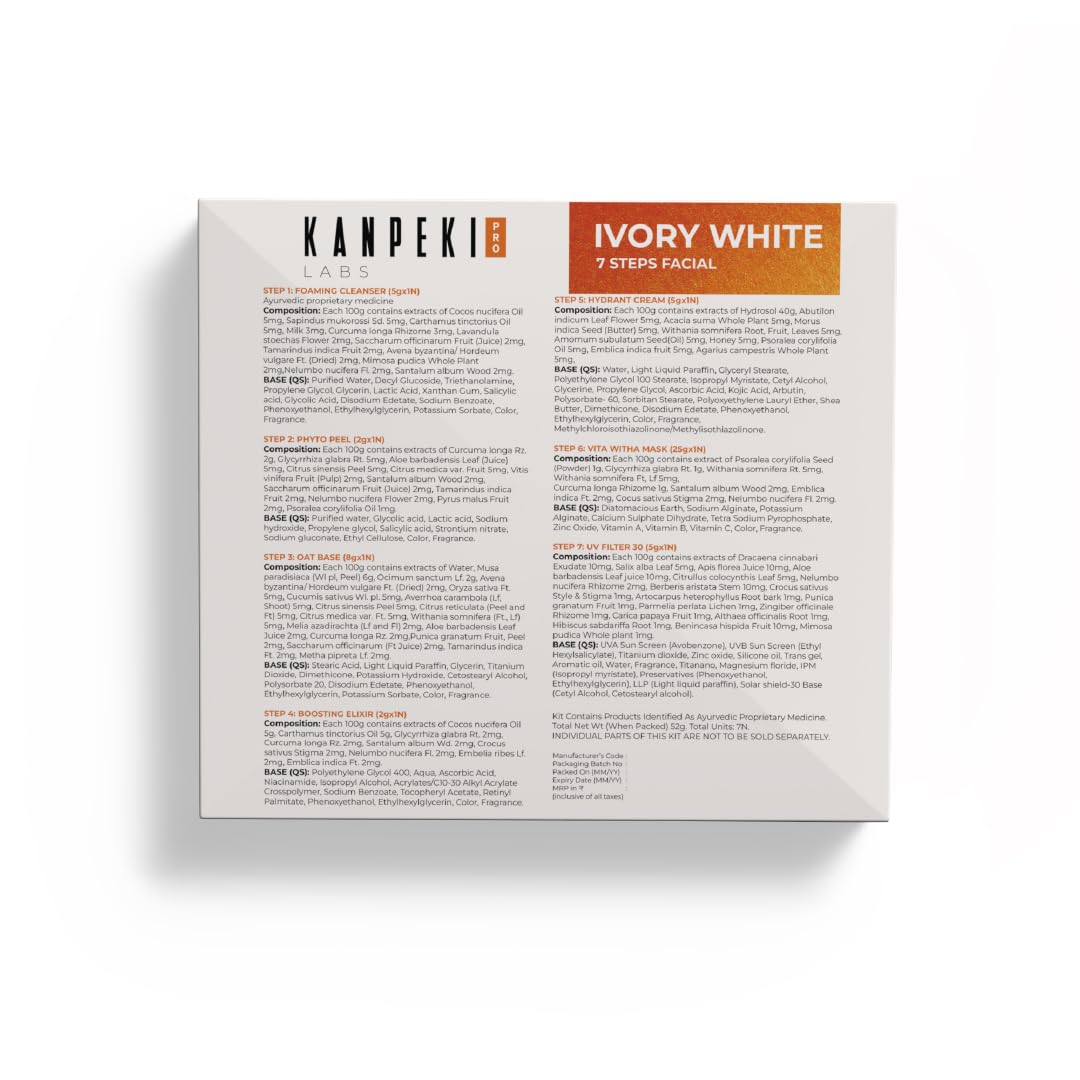 Kanpeki Ivory White 7-Step Facial Kit With Algae Peel-Off Mask | Hyper-Pigmentation, Dark Spots & Sun Tan Removal | Brightening & Skin Tone Correction