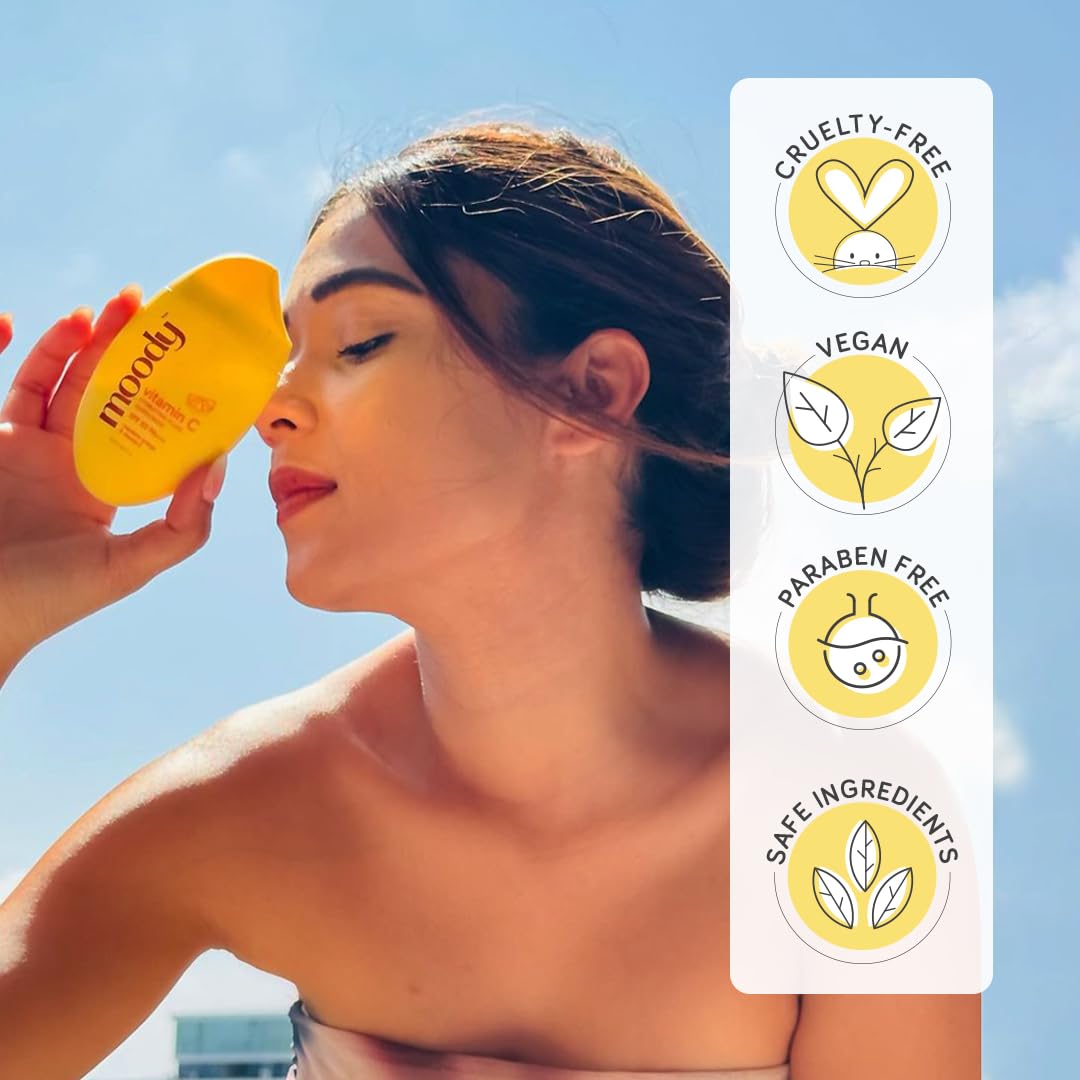 Moody SPF 50 PA+++ Vitamin C Sunscreen with UVA, UVB & Blue Light Protection for Glowing Skin| Long Lasting Hydration Lightweight | Non-Greasy, Quick-Absorbing | Zero White Cast | For Women & Men | 50 ml
