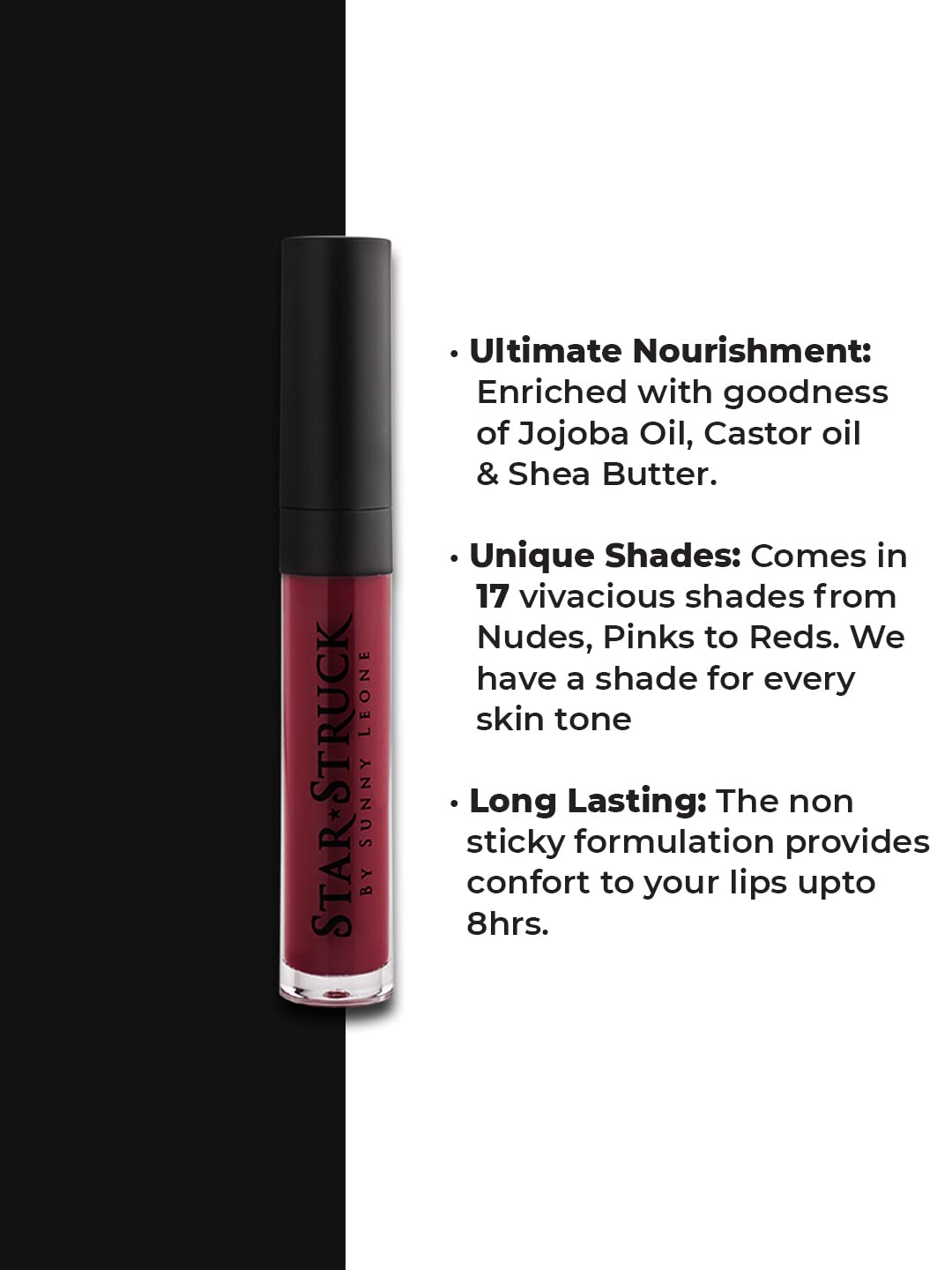 STARSTRUCK BY SUNNY LEONE Glossy Liquid Lip Color, Dark Maroon | Highly Pigmented, Hi-Shine & Non-Sticky Formula | Lip Gloss For Girls, Women | Starry Night