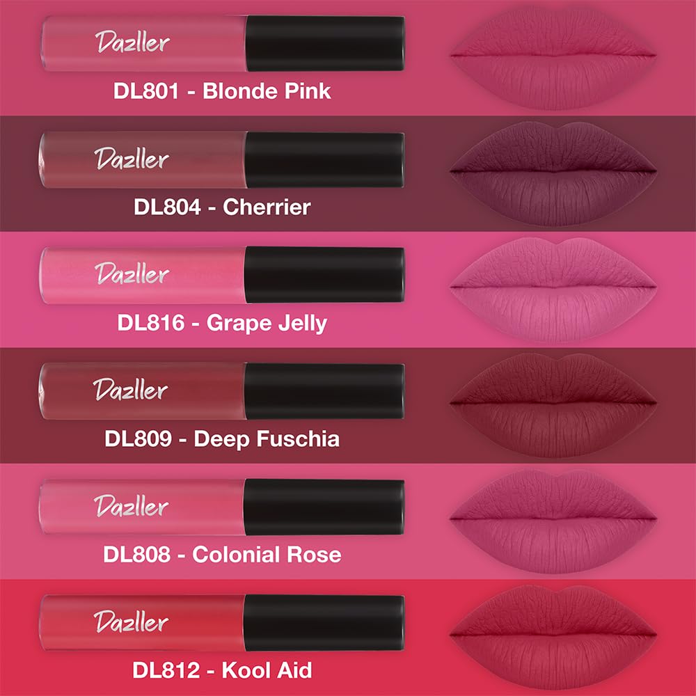 Dazller Lip Colour Lipstick Combo Pack of 6|Vibrant Matte Liquid Lipstick for Women|Long Stay|Smudge-Proof|Non-Transfer|Pink Punch|21.6g