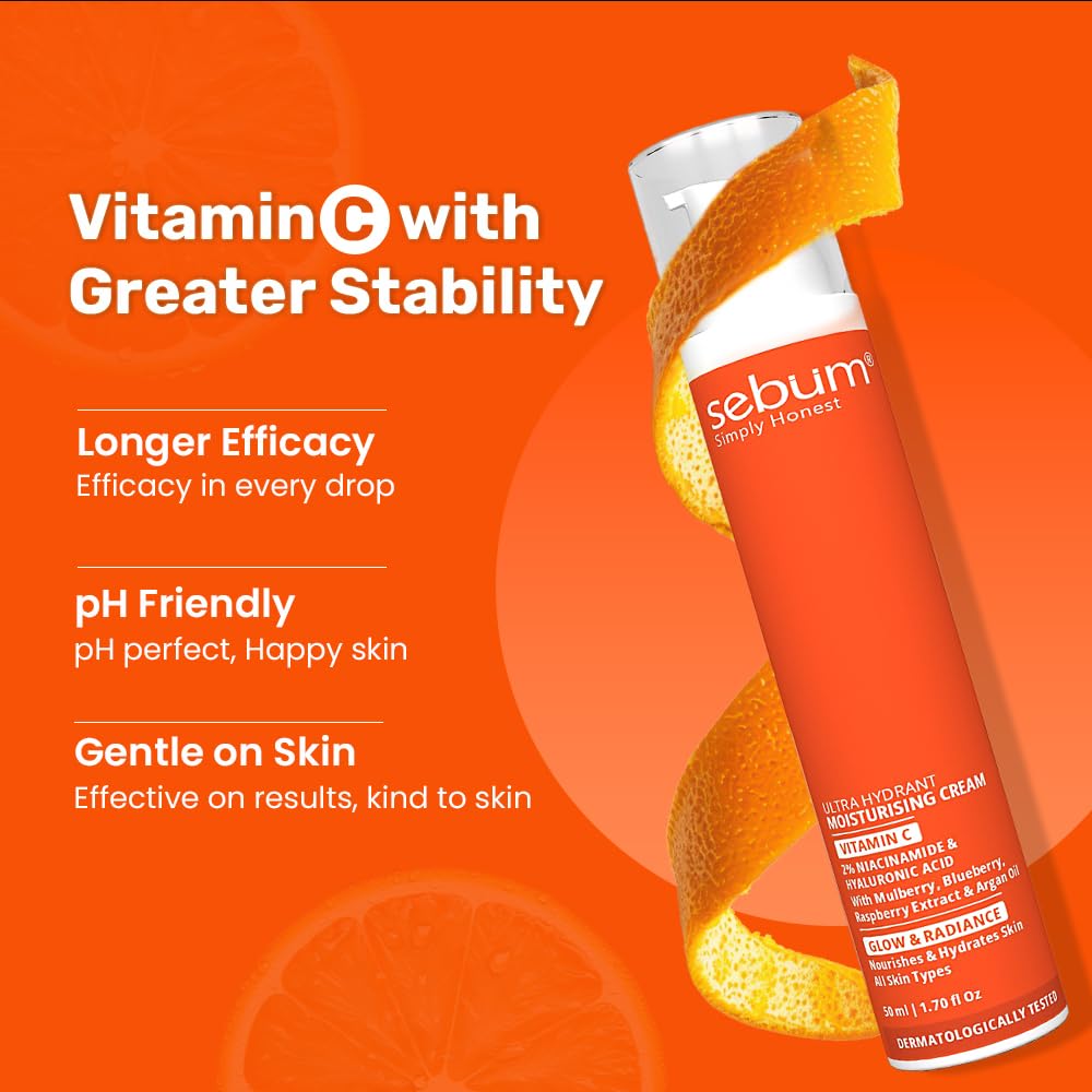 SEBUM Ultra Hydrant Moisturising Cream | 7.5% Vitamin C + Blueberry, Mulberry, Raspberry Extract & Argan Oil | Brightening & Radiance Boost for Uneven Skin Tone, Dull Skin, Hyperpigmentation | Vegan & Paraben-Free | Dermatologically Tested
