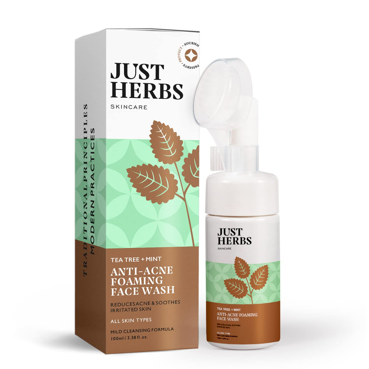 Just Herbs Anti Acne Foaming Face Wash Men Women With Tea Tree and Mint for Oil Control, Glowing Skin Brush - 100ml & Just Herbs Brightening Foaming Face Wash- 100ml Combo