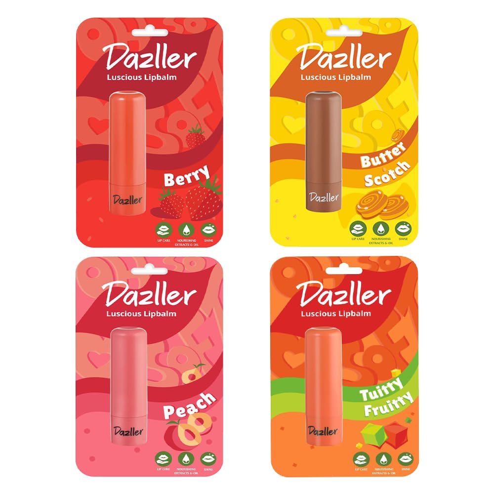 Dazller Luscious Lipbalm, 4G, Lip Bonanza Pack of 4, Lip Care Essential, Glossy Tint, Soft And Nourished Lips All Day, No Lip Discolouration, Vegan & Cruelty-Free, Multicolor