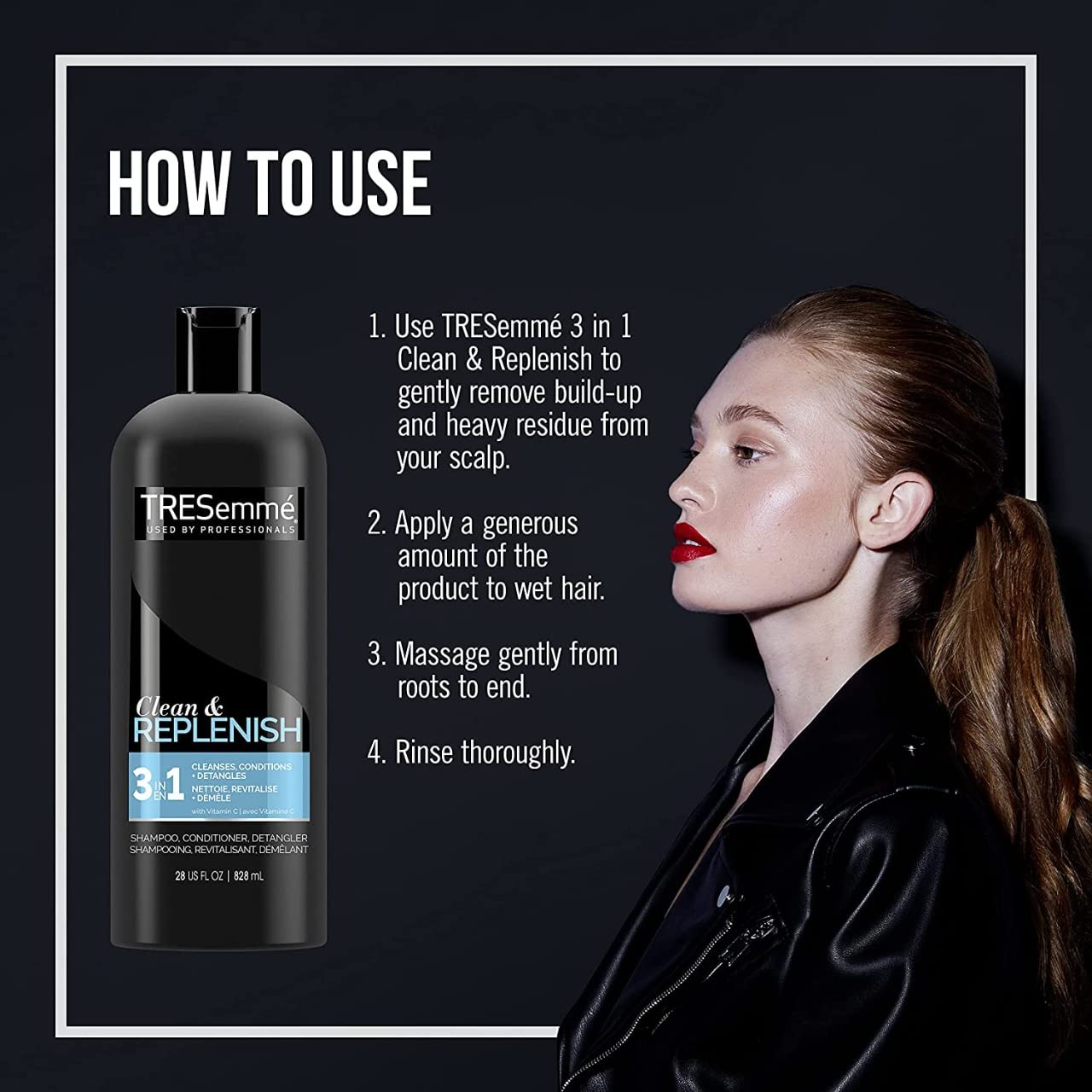 TRESemme 3 in 1 Clean & Replenish Shampoo +Conditioner + Detangle 828 ml (28 oz), Packaging May Vary