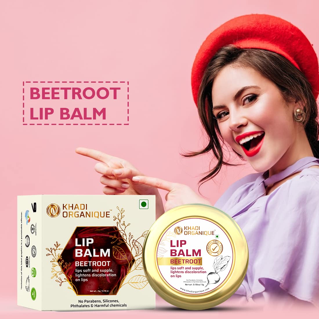 Khadi Organique Herbal Beetroot Lip Balm for Dry, Damaged & Chapped Lips | Hydrating & Nourishing Lip Balm Enriched with Cocoa Butter, Shea Butter & Essential Oils for Pink, Glossy & Soft Lips - 5gm