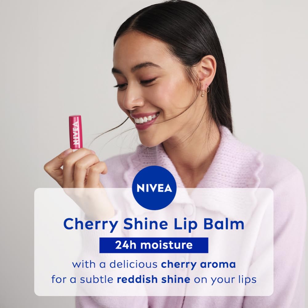 NIVEA Cherry Shine 4.8g Lip Balm|24 H Melt in Moisture Formula|Natural Oils|Glossy Finish,4.8 g (Pack of 1)