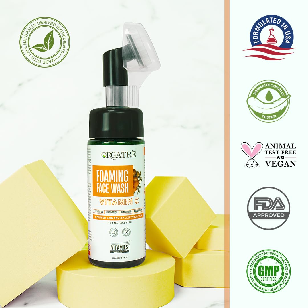 Orgatre Vitamin C Foaming Face Wash with Built-in Silicon Brush For Women & Men| Niacinamide Foaming cleanser for Acne prone Skin | | Vitamin C Face Wash |For Oily and dry Skin | 100 ml