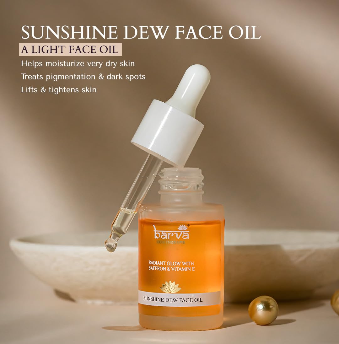 Barva Sunshine Dew Face Oil, For Radiant, Youthful & Glowing Skin. Contains Saffron, Vitamin E, Turmeric, Liquorice & Ghee blend.30ml