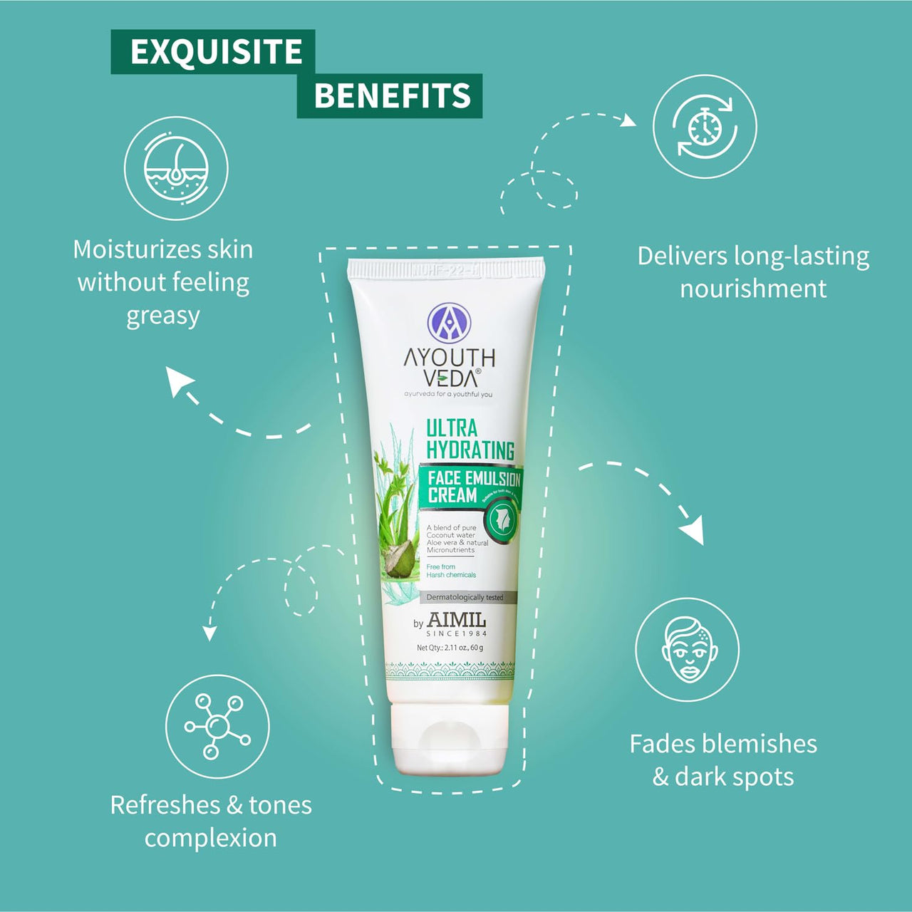 Ayouthveda Ultra Hydrating Face Emulsion Cream | Nature’s Goodness for 24 hours Hydration | Moisturizes, Tones, and Brightens Skin | Prevent Dark spots, Blackheads and Blemishes | With Coconut Water, Aloe Vera, and Green Tea - (Pack Of 1; 60G)