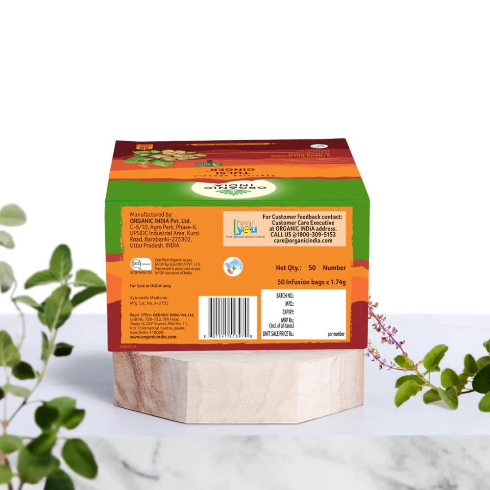 A TATA Product - Organic India Tulsi Ginger - 50 Tea Bags, Rich in Antioxidants, Supports Digestion, Stress Relieving, Helps Boost Metabolism, Caffeine-Free, Whole Herbs