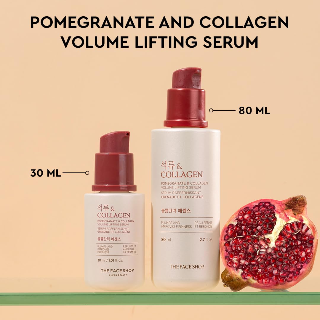 The Face Shop Pomegranate & Collagen Face Serum With 10% Marine Collagen & Hyaluronic Acid | Has Collagen to smooth wrinkles & Hyaluronic Acid for Intense Hydration |All in One Korean Face Serum, 30Ml