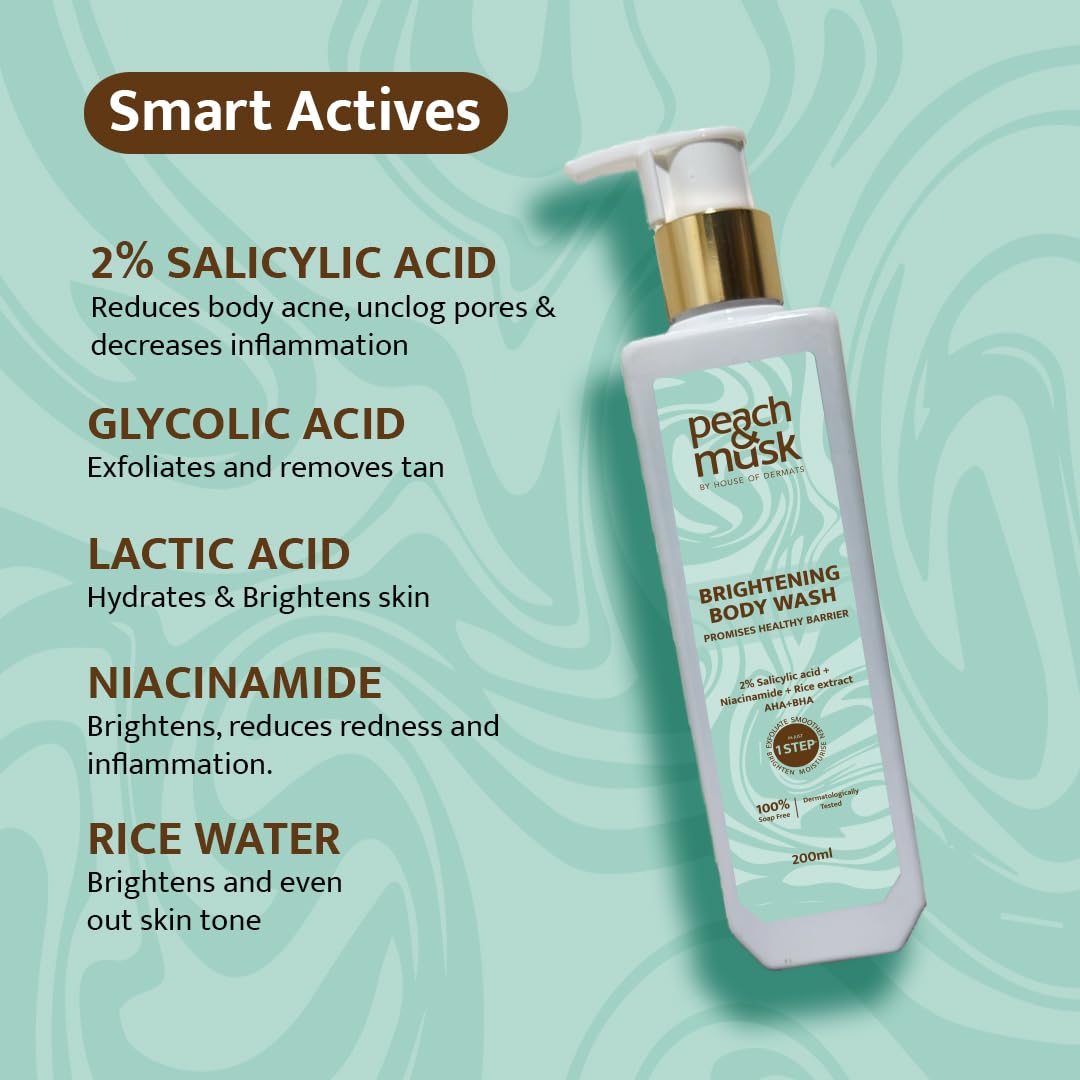 Peach and Musk 2% Salicylic Acid Brightening Soap Free Body Wash, with AHA+BHA and Niacinamide Smoothens Rough & Bumpy Skin, Removes Body Acne & Tan, Daily Use Shower Gel for Men and Women - 200ml