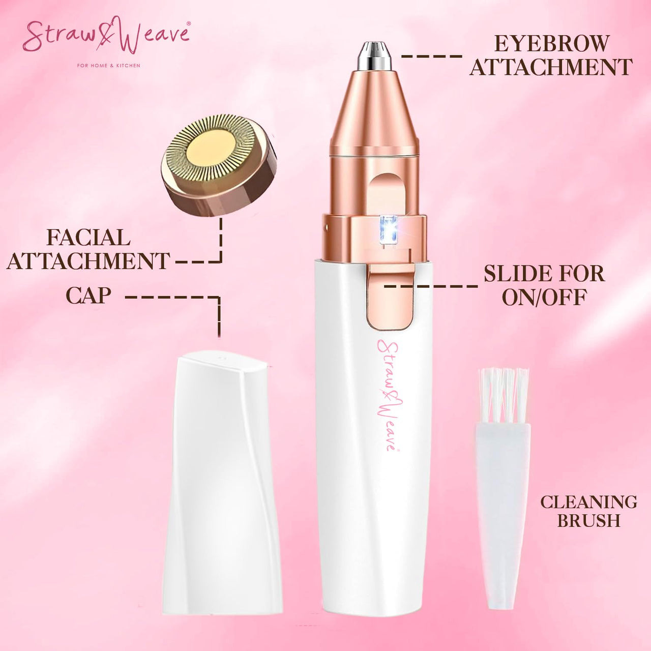 STRAW&WEAVE Facial Hair Removal Machine|Eyebrow Trimmer & Epilator|Trimmer For Women Private Part|2 In 1 Trimmer 400 mAh Battery 1 Year Warranty|Painless Hair Removal Machine|Nose Hairs Remover,White