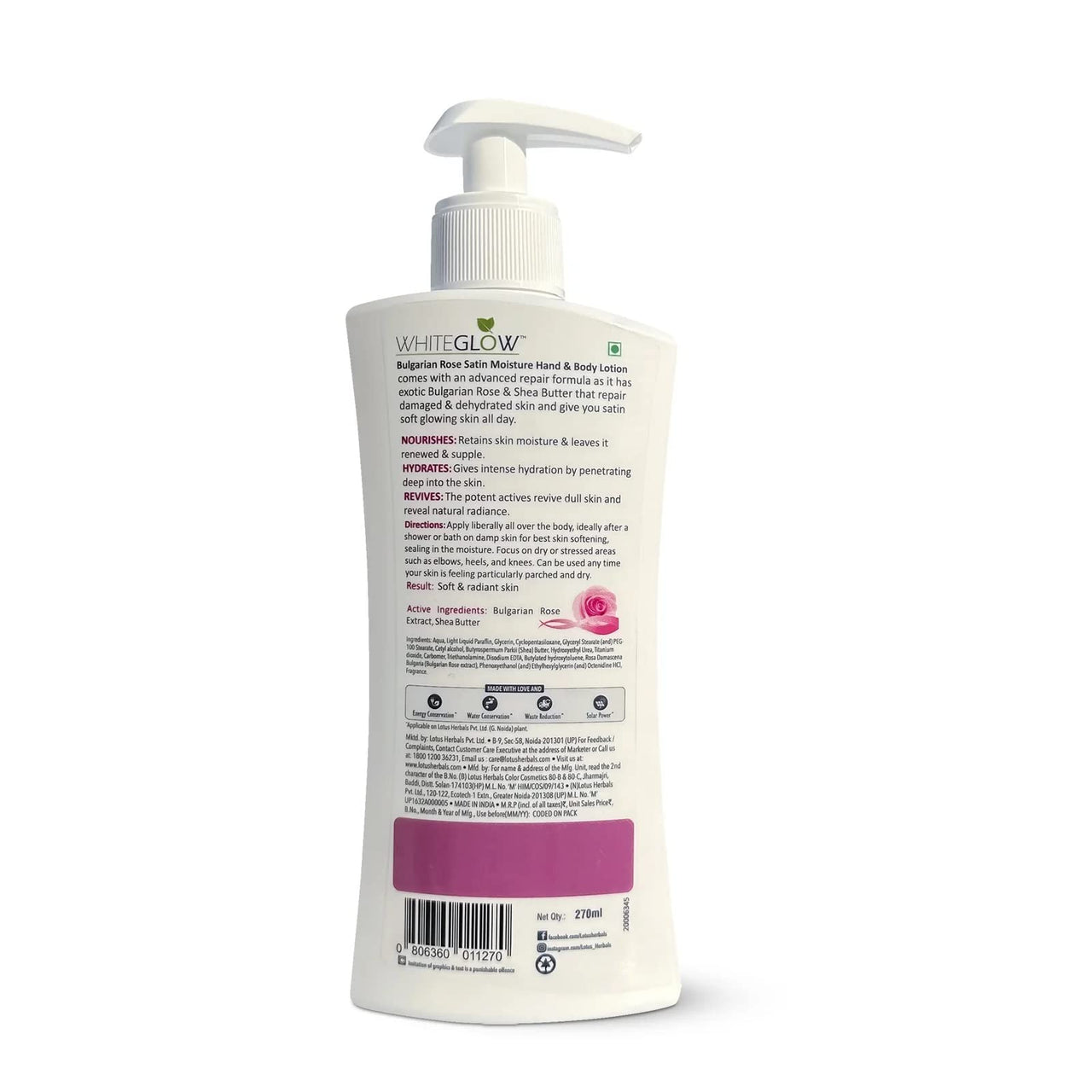Lotus Herbals WhiteGlow Bulgarian Rose Hand & Bodylotion | Non Greasy | Cools and Refreshes Skin | SPF 20 | For All Skin Types | 270ml