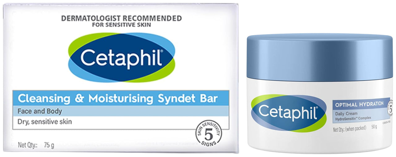 Cetaphil Optimal Hydration Daily Cream 50g | Lightweight Moisturizer & Fast Absorption | Hyaluronic Acid, Blue Daisy Extract, Niacinamide VVF India Cleansing And Moisturising Syndet Bar, 75g